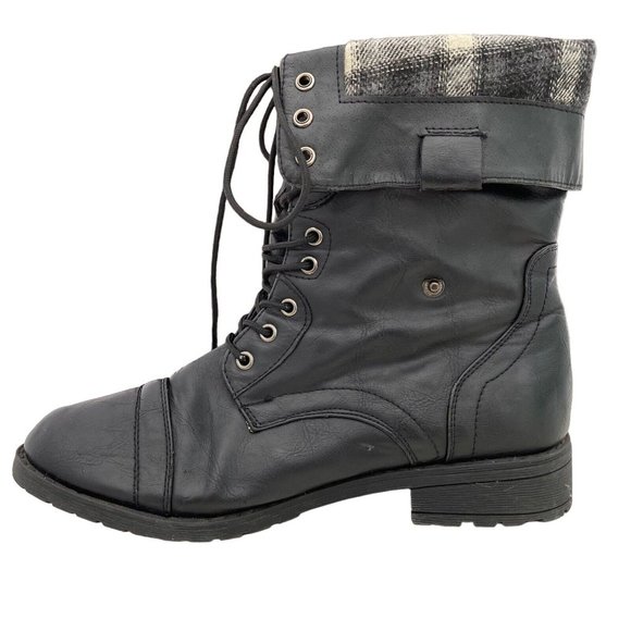 Robert Wayne Black Pleather Cap Toe Fold Top Combat Ankle Boot Womens 8.5 Casual - Picture 2 of 11